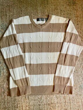 Oscar de la Renta Mens Striped Cable Knit V-Neck Sweater Brown Cream Large EUC